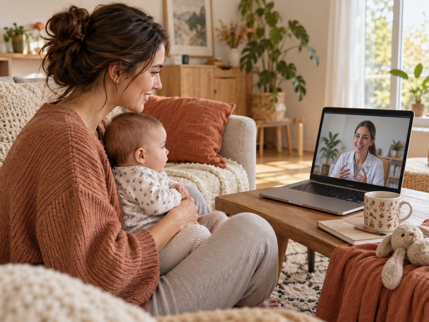 Mãe e bebê em uma videochamada com uma consultora