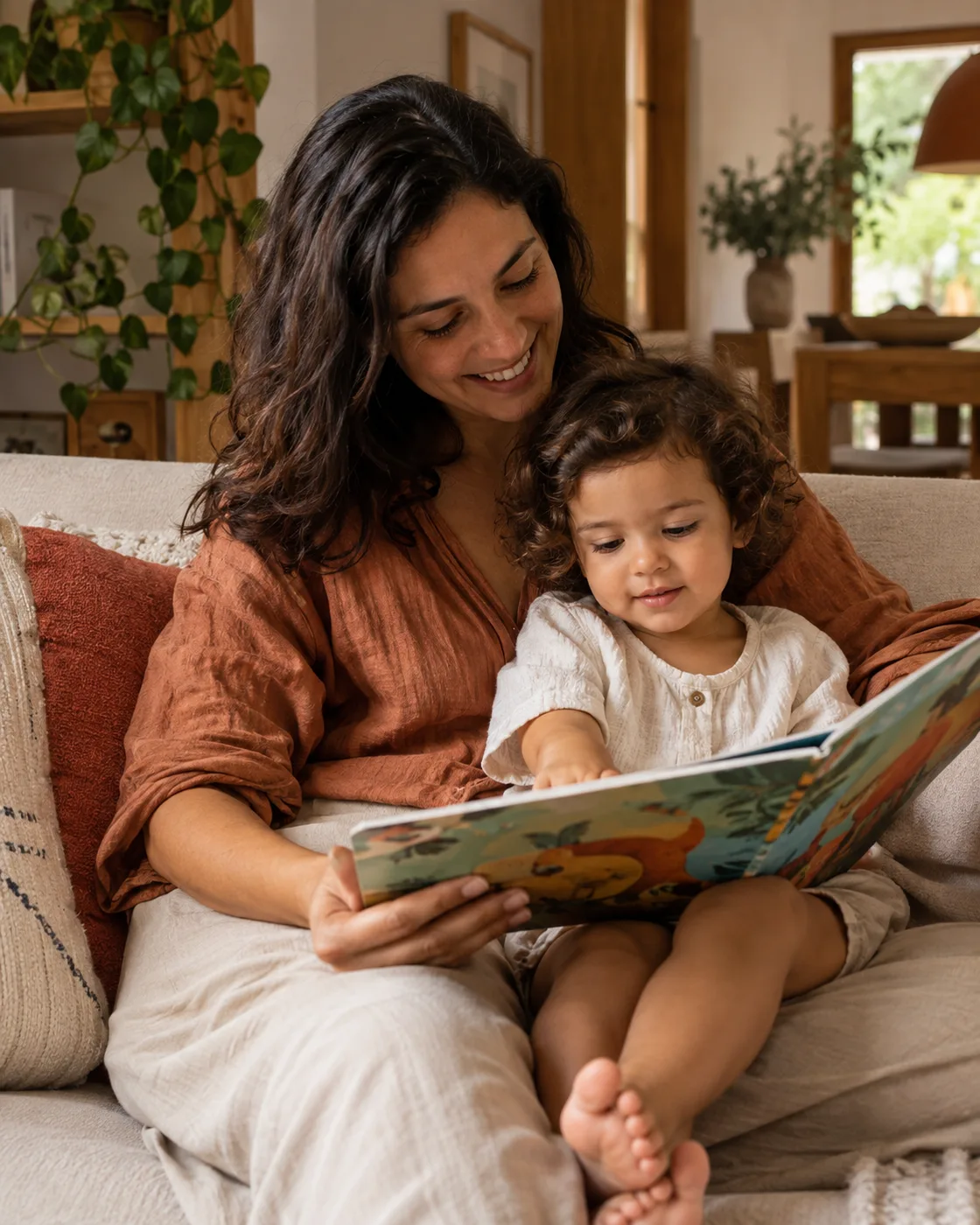 Mãe e criança compartilham uma leitura no sofá. Cena ilustrativa.