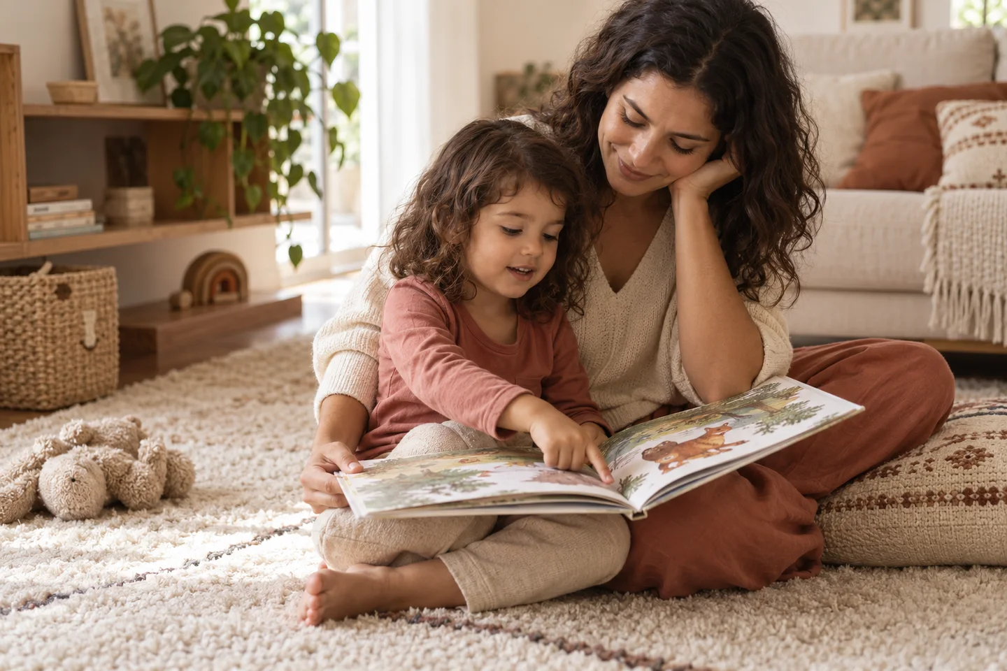 Mãe e criança leem um livro juntas, sentadas no tapete de casa.