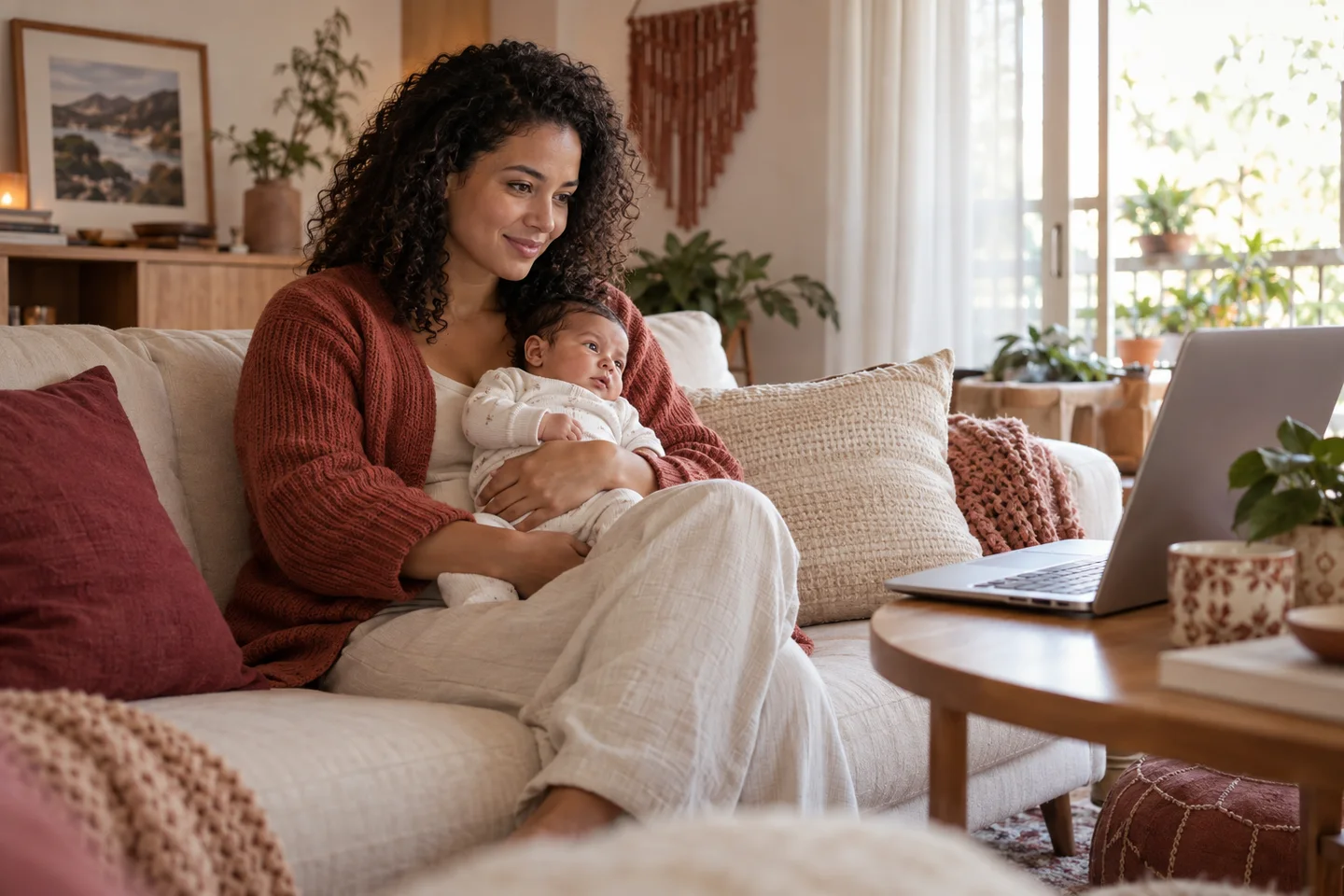 Mãe com o bebê no colo conversa pelo computador. Cena ilustrativa.