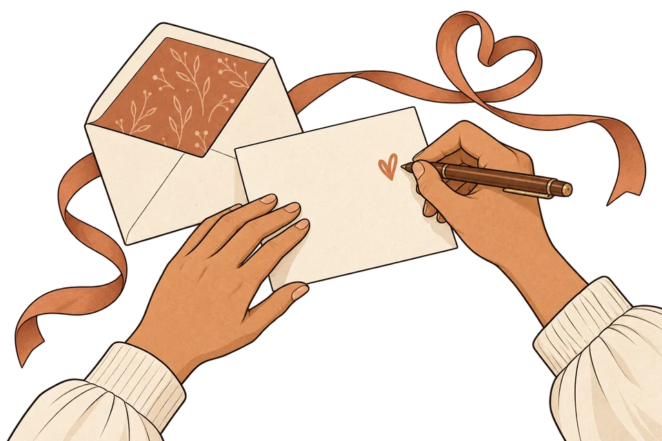 Mãos escrevem um coração em uma mensagem carinhosa, ao lado de um envelope aberto.
