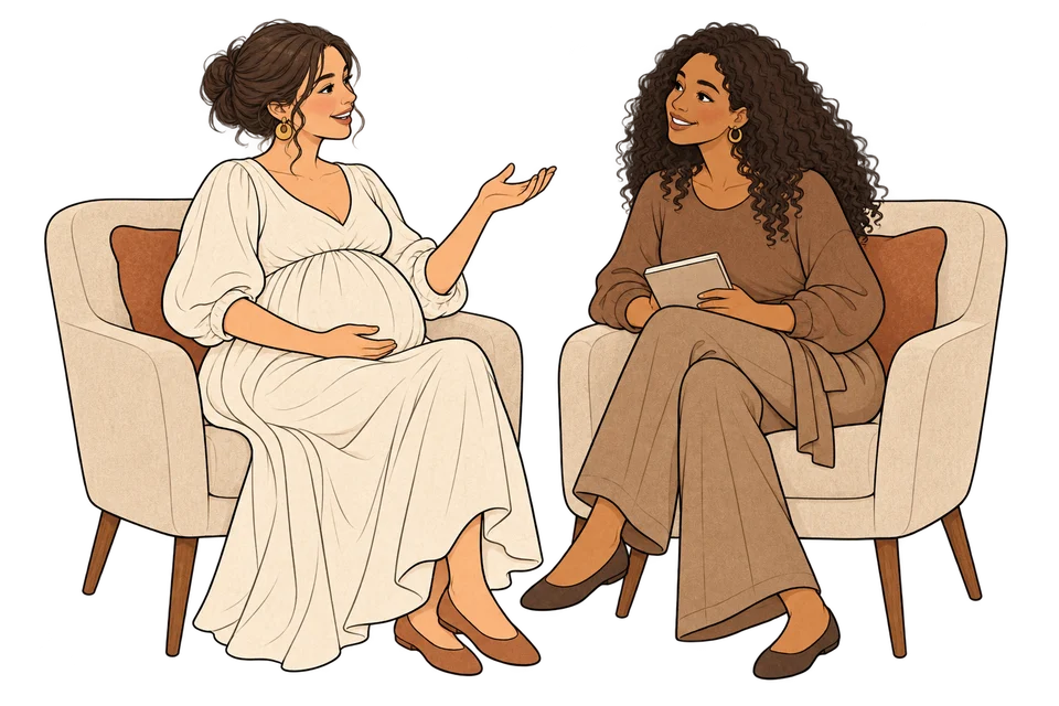 Uma gestante conversa com uma profissional que a escuta com atenção, em uma ilustração de acolhimento pré-natal.