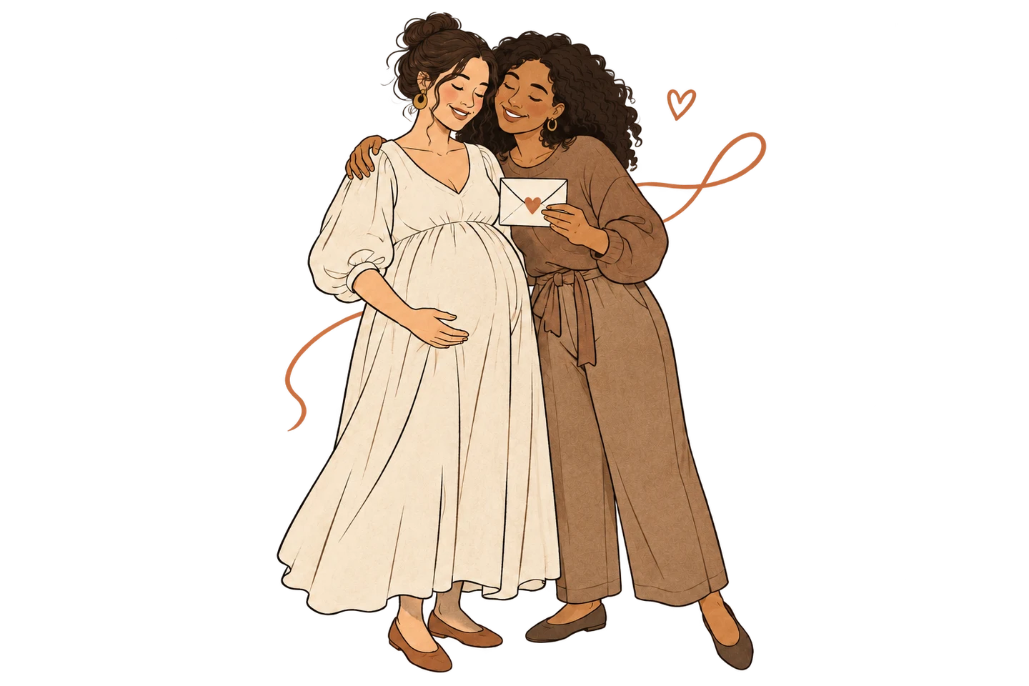 Uma gestante e uma amiga se abraçam; o gesto de presentear aparece em uma ilustração desenhada à mão.